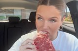 Woman eating RAW MEAT in car sends social media into a frenzy – WATCH