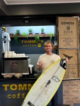 AT THE BEACH: Lindhorst has eye on world surfing title — and selling lots of coffee